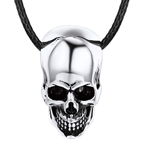 U7 Herren Kette Klassischer Totenkopf Skull Anhänger Halskette Edelstahl Biker Gotik Schädel mit Lederkette Punk Rock Halsband Schmuck für Jungen(silber) von U7