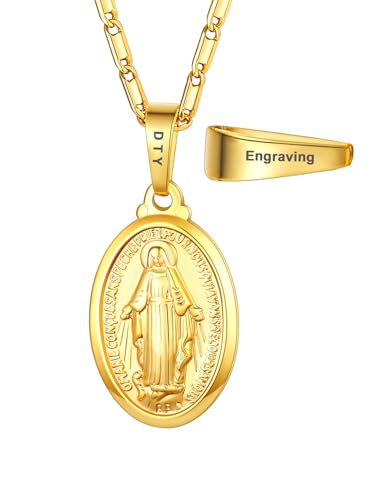 U7 Herren Kette mit Gravur Halskette Jungfrau Maria Kette Messing Heiliger Medaille Amulett Oval Anhänger mit Wundertätig Medaille Kettenanhänger Gold Kette Gravur Collier Modeschmuck für Muttertag von U7