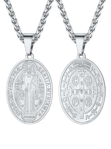 U7 Herren Oval Medaille Anhänger Halskette Edelstahl Benediktuskreuz Benediktusmedaille Regeligöse Heiligen Benedikt von Nursia Schmuck für Männer von U7