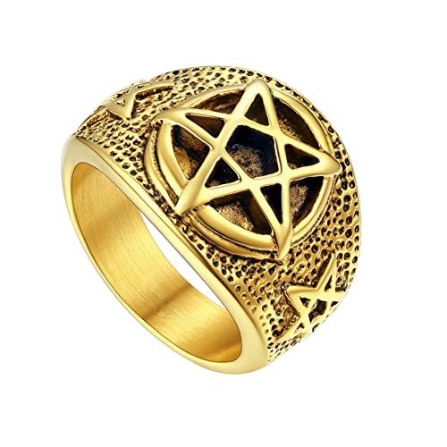 U7 Herren Pentagramm Ringe Statement Ring 18k vergoldet Wikinger Bandring Satanic Luzifer Ring Siegelring mit Geschenkebox Casual Modeschmuck Street Style Accessoire für Männer Jungen(Ring Größe 64) von U7