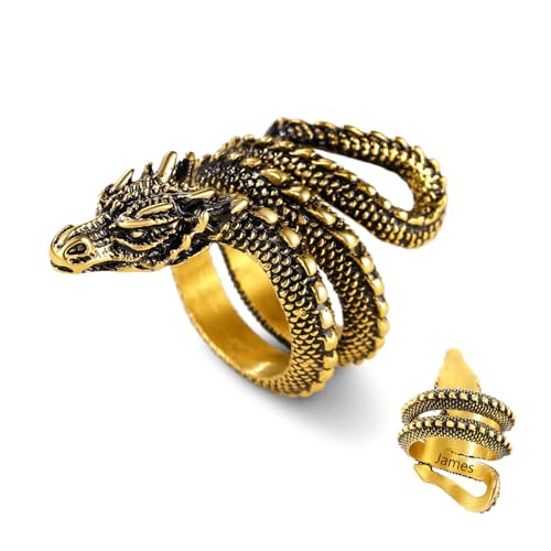 U7 Herren Ring mit Drachen Goldring Punk Edelstahl Wikinger Drache Ring Gravur Bandring Vintage Lóng Statement Ring Biker Rapper Siegelring Fingerrring Modeschmuck Accessoire für Geburtstag von U7