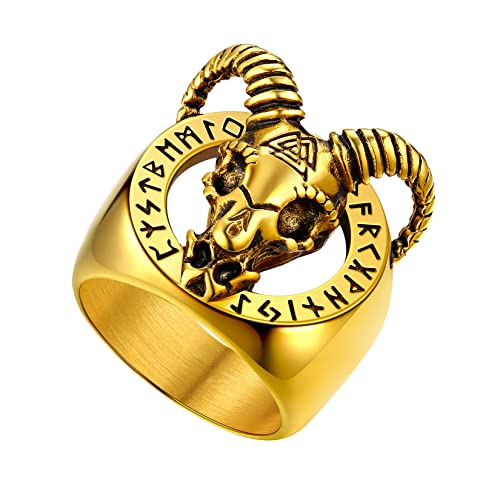 U7 Herren Schädel Ziegenkopf Ringe Statement Ring 18k vergoldet Wikinger Bandring Satanic Runenring Casual Modeschmuck Street Style Accessoire für Männer Jungen(Ring Größe 54) von U7