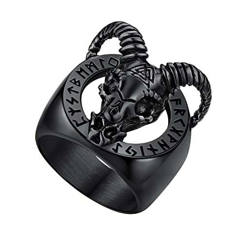 U7 Herren Schädel Ziegenkopf Ringe Statement Ring Edelstahl Wikinger Bandring Satanic Runenring Casual Modeschmuck Street Style Accessoire für Männer Jungen(Ring Größe 54) von U7