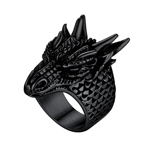 U7 Herren Schwarz Chinesische Drache Kopf Ring - Vintage Lóng Hip Hop Biker Großer Statement Modeschmuck Accessoire (Größe 59) von U7