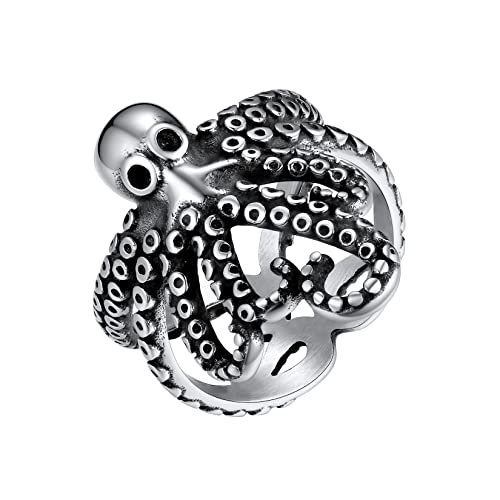 U7 Herren Statement Ring Acht bärtige Oktopus-Ring Deep Sea Tentakelring Edelstahl Großer Ring Hip Hop Street Style Fingerring Modeschmuck Accessoire für Rapper Party(Ring Größe 65) von U7