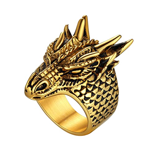 U7 Herren Statement Ring mit Lóng Motiv 18k vergoldet Chinesische Drache Großer Ring Hip Hop Street Style Modeschmuck Accessoire für Biker Rapper(Ring Größe 64) von U7