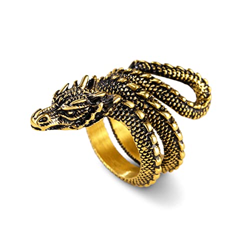 U7 Herren Statement Ring mit Lóng Motiv 18k vergoldet Wikinger Drache Großer Ring Hip Hop Street Style Modeschmuck Accessoire für Biker Rapper(Ring Größe 64) von U7