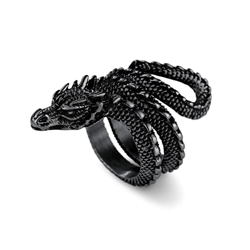 U7 Herren Statement Ring mit Lóng Motiv Schwarz Wikinger Drache Großer Ring Hip Hop Street Style Modeschmuck Accessoire für Biker Rapper(Ring Größe 64) von U7