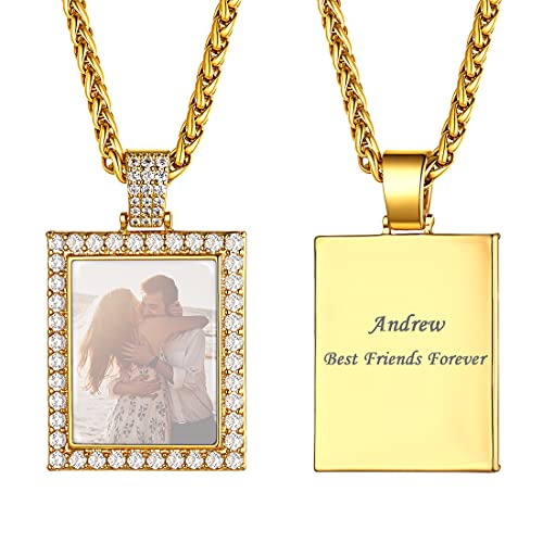 U7 Herren Zirkonia Iced Foto Kette personalisiert 18k vergoldet DIY Bild Rechteck Anhänger + Weizenkette einzigartiges Souvenir Andenken für Weihnachten von U7