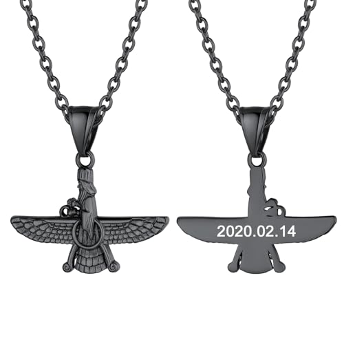 U7 Personalisiert Kette mit Gravur Herren Glückbringer Kette Schwarz Edelstahl Faravahar Anhänger Halskette mit 55cm Rolokette Zoroastrismus Kette Iranisch Persisch Amulett Modeschmuck für Jahrestag von U7