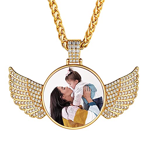 U7 Herren personalisiert Runde Flügel Anhänger Halskette 18k vergoldet DIY Zirkonia Iced Foto Kette Frauen Modeschmuck Accessoire einzigartiges Souvenir Andenken von U7