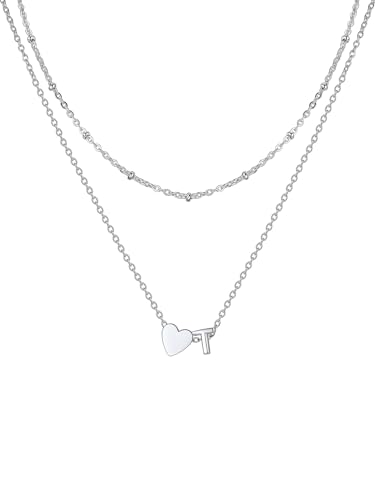 U7 Herz Buchstaben Halskette Damen Layering Halskette Länge verstellbar Silber Herz Anhänger mit Kleinem Initial T Anfangsbuchstaben Kette für Mädchen Geschenk Wasserfeste Modeschmuck von U7