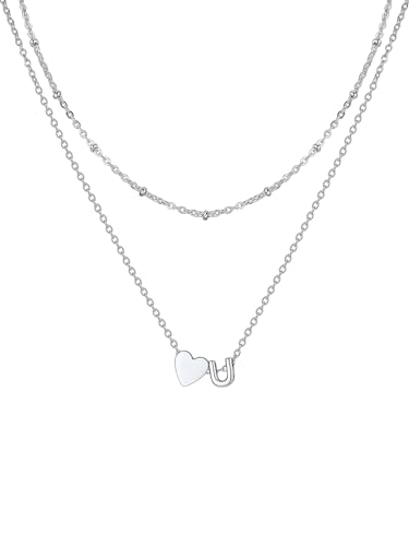 U7 Herz Buchstaben Halskette Damen Layering Halskette Länge verstellbar Silber Herz Anhänger mit Kleinem Initial U Anfangsbuchstaben Kette für Mädchen Geschenk Wasserfeste Modeschmuck von U7