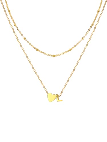 U7 Herz Kette mit Buchstabe L Layering Halskette Damen Länge verstellbar vergoldet Herz Anhänger Kleinem Initial Anfangsbuchstaben Kette für Mädchen Geschenk Wasserfeste Modeschmuck von U7