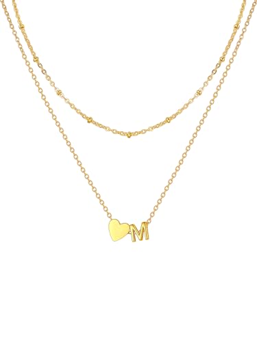 U7 Herz Kette mit Buchstabe M Layering Halskette Damen Länge verstellbar vergoldet Herz Anhänger Kleinem Initial Anfangsbuchstaben Kette für Mädchen Geschenk Wasserfeste Modeschmuck von U7