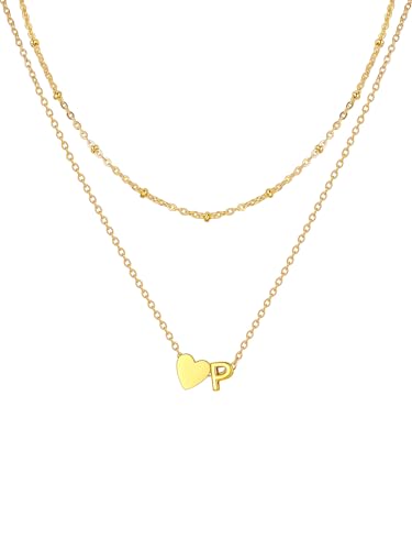 U7 Herz Kette mit Buchstabe P Layering Halskette Damen Länge verstellbar vergoldet Herz Anhänger Kleinem Initial Anfangsbuchstaben Kette für Mädchen Geschenk Wasserfeste Modeschmuck von U7