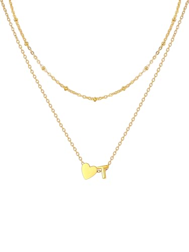U7 Herz Kette mit Buchstabe T Layering Halskette Damen Länge verstellbar vergoldet Herz Anhänger Kleinem Initial Anfangsbuchstaben Kette für Mädchen Geschenk Wasserfeste Modeschmuck von U7