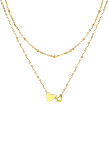 U7 Herz Kette mit Buchstabe U Layering Halskette Damen Länge verstellbar vergoldet Herz Anhänger Kleinem Initial Anfangsbuchstaben Kette für Mädchen Geschenk Wasserfeste Modeschmuck von U7