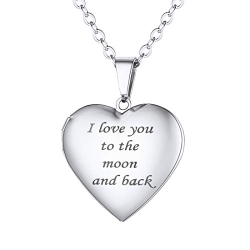 U7 Herz Anhänger Halskette für Damen Mädchen Weißgold I love you to the moon and back Gravur Medaillon zum Öffnen Foto Bilder Amulett Herzanhänger Foto Schmuck für Valentinstag Muttertag von U7