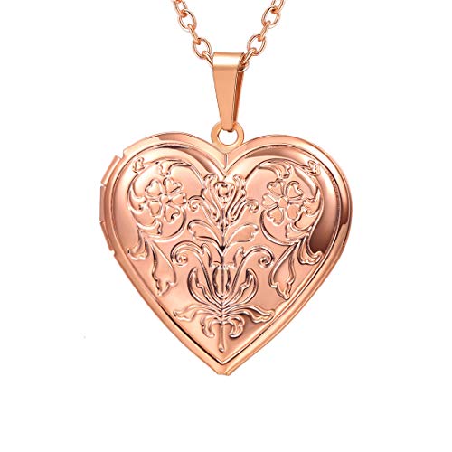 U7 Herzkette Anhänger zum Öffnen mit 55cm Halskette Rosegold Blumen Muster Herz Medaillon für Photo Bilder Amulett Souvenir Erinnerung Kettenanhänger Charm Modeschmuck für Party Dating von U7