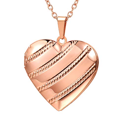 U7 Damen Collier Rosegold Herz Streifen Medaillon zum Öffnen Foto Bilder Amulett Souvenir Locket Necklace Anhänger Halskette Herzanhänger Charm Damenkette Modeschmuck für Liebe Freundin Jahrestag von U7