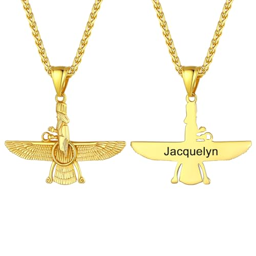 U7 Kette Herren Halskette Gold Faravahar Anhänger Iranische Persische Kette mit Gravur Farohar Anhänger Halskette Männer Zoroastrismus Amulett Kette mit 55cm Weizenkette Modeschmuck für Bruder Vater von U7