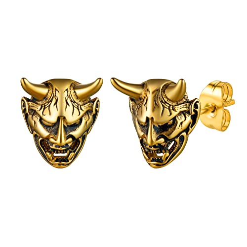 U7 Ohrringe Creolen Gold Damen Japanische Dämonen Prajna Maske Ohrringe für Männer Hannya Maske Ohrstecker Gold Gotik Punk Horn Schädel Ohrstecker Ohr Piercing Modeschmuck für Geburtstag von U7