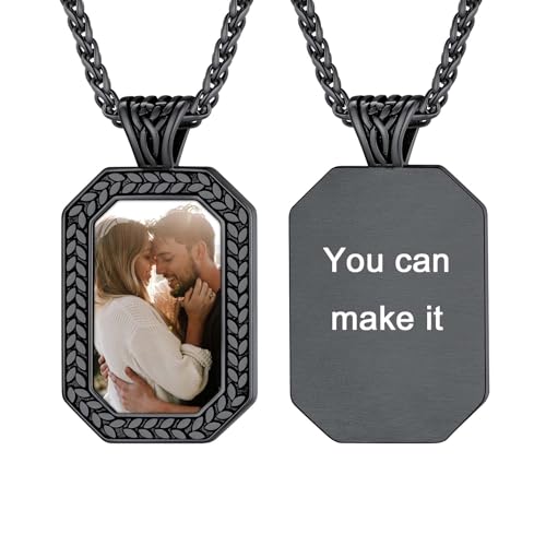 U7 Jungen Achteck Anhänger Halskette mit Foto Olivenblatt Schwarz Kette mit Gravur Bilder Kettenanhänger Custom Olive Leaf Dog Tags Photo Memorial Necklace Personalisiert Modeschmuck für Vatertag von U7