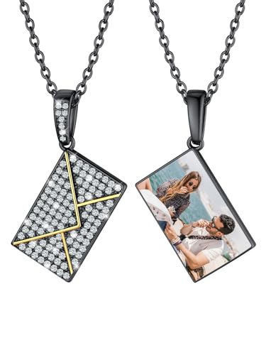 U7 Kette Umschlag Damen Medaillon mit Foto Briefumschlag Anhänger Umschlag Kette Schwarz Fotokette Umschlagkette Halskette Memorial Kette CZ Anhänger Envelope mit Liebesbrief Schmuck für Jahrestag von U7