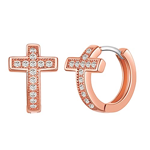 U7 Klappcreolen Ohrringe 15mm Rosegold vergoldet Lateinisches Kreuz Huggie Creolen mit Weißen Zirkonia Damen Hoop Earrings Modeschmuck Accessoire von U7