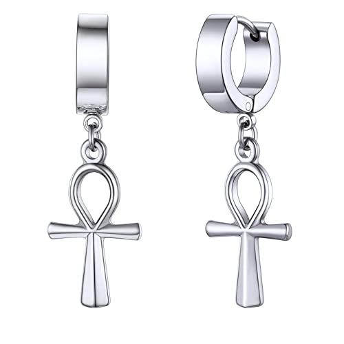 U7 Kleine Creolen mit Ankh-Kreuz Anhänger Edelstahl Biker Gotik Hängeohrringe Punk Rock Huggie Kreolen Hoop Earrings Modeschmuck für Männer Frauen von U7