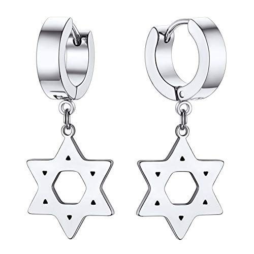 U7 Kleine Creolen mit Davidstern Anhänger Edelstahl Biker Gotik Hängeohrringe Punk Rock Huggie Kreolen Hoop Earrings Modeschmuck für Männer Frauen von U7