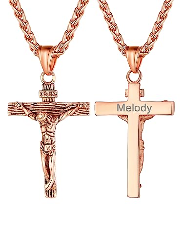 U7 Kreuz Anhänger für Herren Halskette Rosegold vergoldet INRI Kruzifix Jesus Christus mit 50+5cm Kette Personalisierte Name Vorname Gravur Modeschmuck Accessoire für Männer von U7