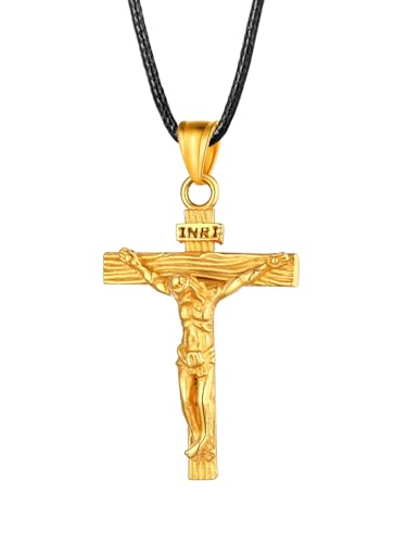 U7 Kreuz Halskette Edelstahl INRI Kruzifix Jesus Christus Anhänger mit 55cm Kunstleder Kette 18k vergoldet Katholischen Christian Modeschmuck für Damen Herren, Gold-Ton von U7