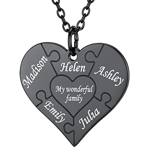 U7 Liebepaar Halskette personalisiert Puzzle Muster Herz Anhänger mit 5 Namen Gravur schwarz Edelstahl Modeschmuck Accessoire für Freundin Ehefrau von U7