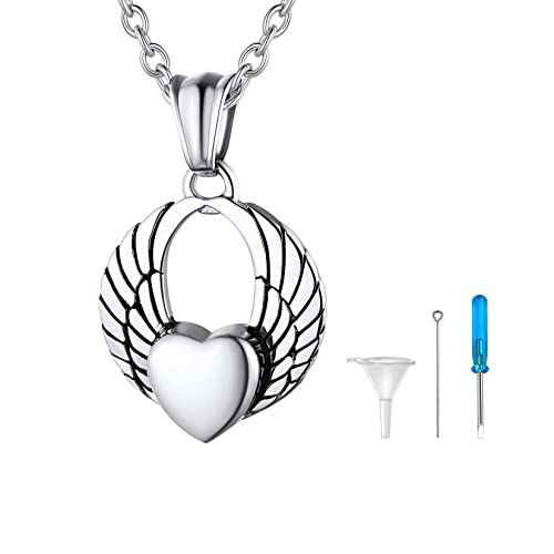 U7 Mädchen Heart Wings Glänzende Herz-Urne-Anhänger FlügelHalskette Gedenken Silberkette Memorial Cremation Urn Necklace für Valentinstag Oktoberfest Ferien von U7