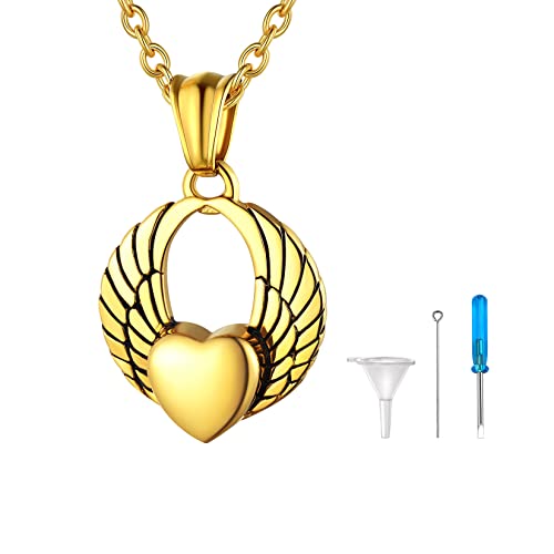 U7 Mädchen Heart Wings Glänzende Herz-Urne-Anhänger Herren FlügelHalskette Charms Andenken Kette mit Asche Urne Gold Memorial Cremation Urn Necklace für Oma Opa von U7