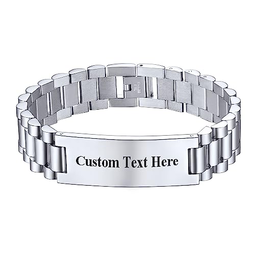 U7 Männer Armband Edelstahl Silberarmband Custom Klassische Gliederarmband Gravur Text Armbänder 21cm Herrenarmband Cuban Link Chain Bracelets Men Wristband Armschmuck Modeschmuck für Husband von U7