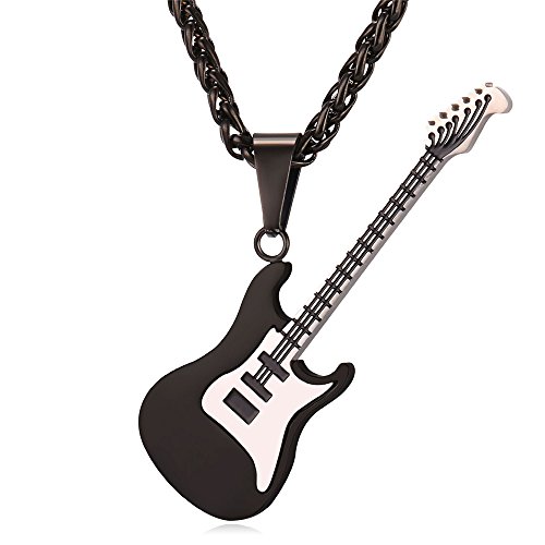 U7 Mann Akustische Gitarre Musik Anhänger Halskette Schwarzkette Plektron Anhänger Plektrum Halskette Pendant Necklace Mens Hip Hop E-Gitarre Kettenanhänger Modeschmuck für Vater Bruder von U7