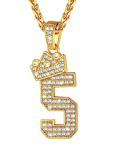 U7 Gold Kette für Herren Halskette Nummer 5 Zahlen Kette Krone Ziffer Anhänger mit Zirkonia Kettenanhänger Glücksanhänger Crown Iced Out Pendant Necklace Halsschmuck Glückszahl Schmuck für Schwester von U7