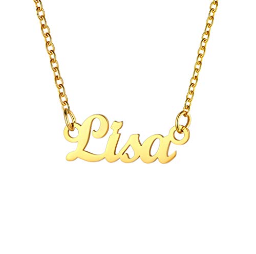 U7 Namenskette für Damen Mädchen Schlüsselbein Kette mit Schreibschrift Name Lisa 18k vergoldet 45cm/1,5mm Rolokette Modeschmuck Accessoire für Valentinstag Geburtstag von U7