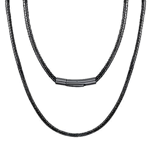 U7 Necklace Men Lederhalsband Herren lange Halskette 76cm Schwarz Lederkette mit 316L Edelstahl Verschluss 3mm breit geflochtene Wachsschurkette Trendig Schmuck Accessoire für Muttertag von U7