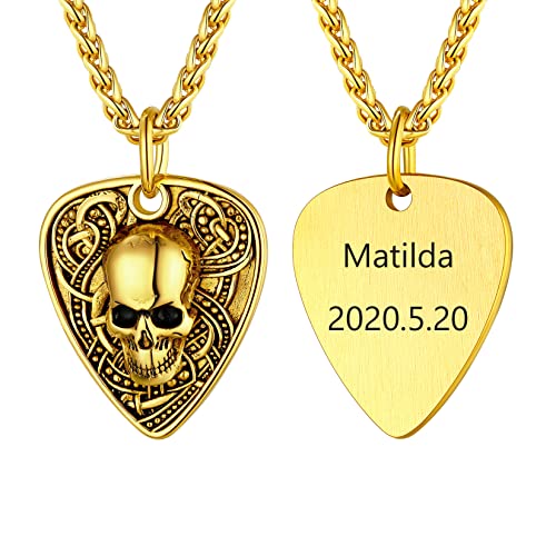 U7 Herren Halskette Edelstahl Plektrum Anhänger für Männer Schwarz Schädel Gitarre Plektron Anhänger Musik Kettenanhänger Herren Totenschädel Plektrum Kette Rock Personalisiert Modeschmuck für Freund von U7