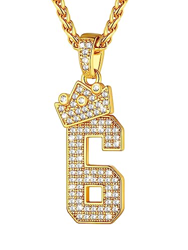 U7 Glücksnummer Anhänger für Herren Jungen Nummer Krone Halskette Ziffer 6 Anhänger mit Zirkonia Goldkette Crown Zahlen Iced Out Necklace Nummer Kette Halsschmuck Glücksanhänger Schmuck für Vatertag von U7