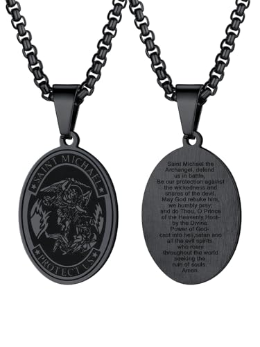 U7 Oval Anhänger mit 55+5cm Venezianierkette Schwarz Edelstahl Erzengel Michael Medaille Halskette Schutzpatron St. Michael Amulett Kette Modeschmuck für Vater Sohn von U7