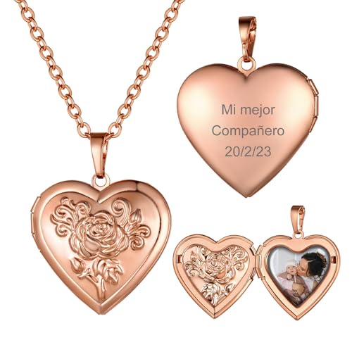U7 Personalisierte Herzketten Für Frauen Und Mädchen, Vergoldete Medaillonkette Mit Individuellem Text Und Fotos, Roségoldene Medaillonkette Mit Rosenprägung, Rolokette (Inkl. Schmuckschatulle) von U7