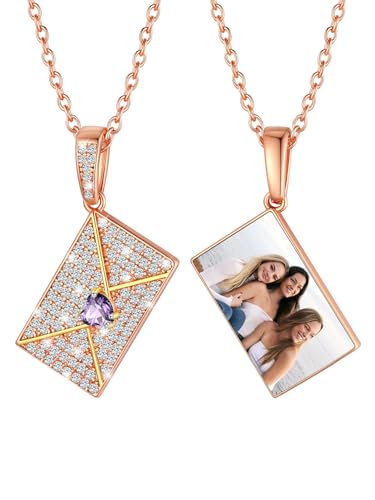 U7 Personalisierte Kette mit Umschlag Liebesbrief Anhänger Damen Kette mit Geburtsstein Medaillon Kette Rosegold Umschlagkette Halskette mit Briefumschlag CZ Fotokette Envelope Schmuck für Ehefrau von U7