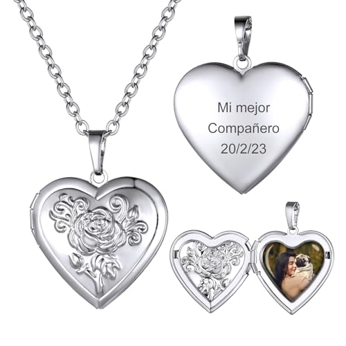 U7 Personalisierte Medaillon-Kette Für Damen, 50+5 Cm Fotokette, Kreuz-Ketten Mit Individuellem Text Und Fotos, Silberne Medaillonanhänger Mit Rosenprägung, Inkl. Schmuckbox von U7