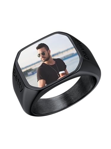 U7 Personalisierter Siegelring Herren Edelstahl Ringe Schwarz Herren Ring mit Gravur Foto Ehering Verlobungsring Männer Fingerringe Schwarz Bandring Memorial Ring Vorsteckring Modeschmuck für Party von U7