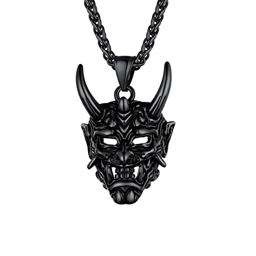 U7 Edelstahl Kette Mann Prajna Maske Anhänger Halskette schwarz Böse Dämon Horn Schädel mit Weizenkette Gotik Japanische Samurai Modeschmuck Accessoire für Vatertag Geburtstag von U7